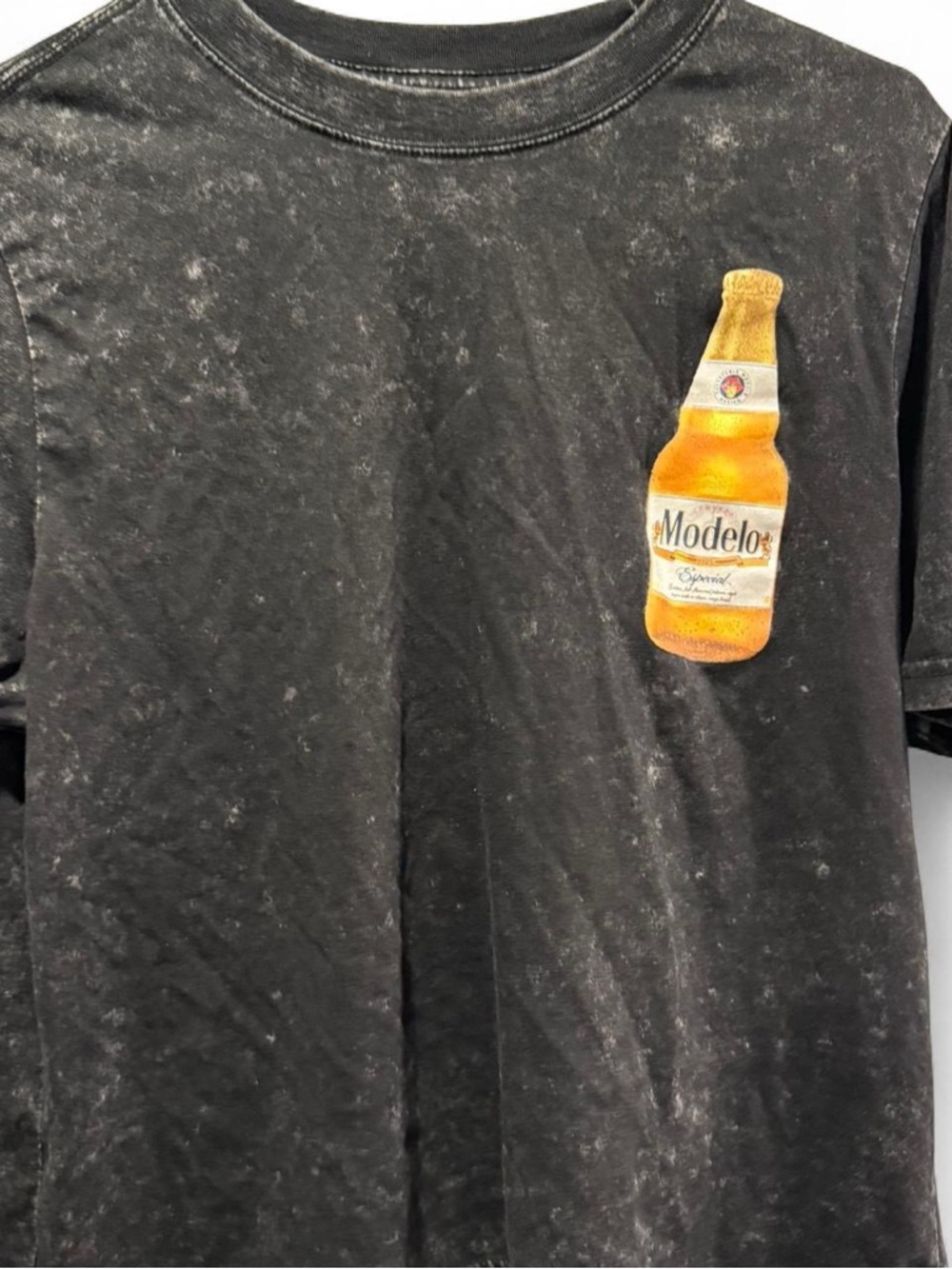 Modelo Black Mineral-Wash Tee with Gold Beer Bottle Patch